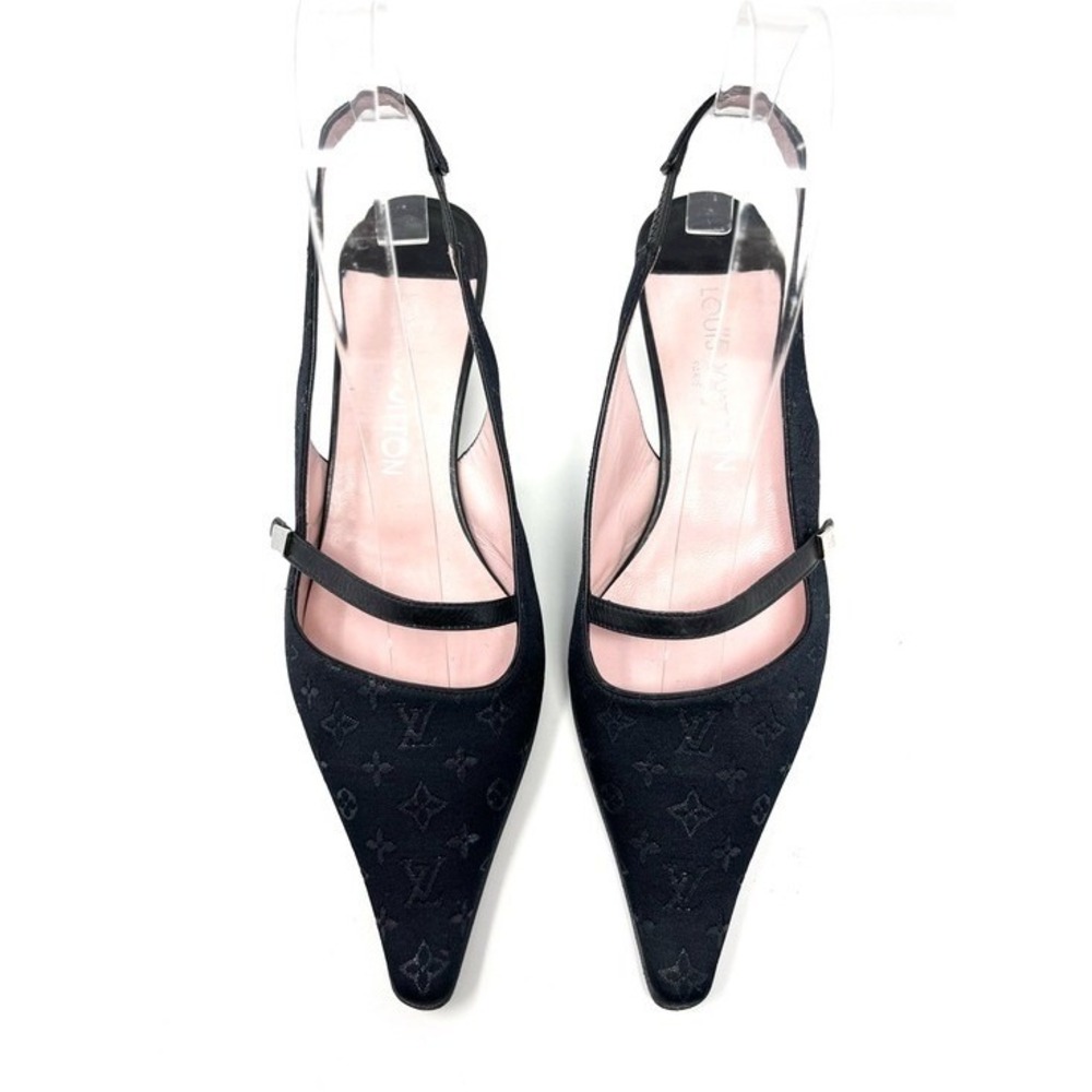 Vintage Louis Vuitton 90s Y2K Black Logo Monogram Slingback Kitten Heels 37.5 - Picture 3 of 12